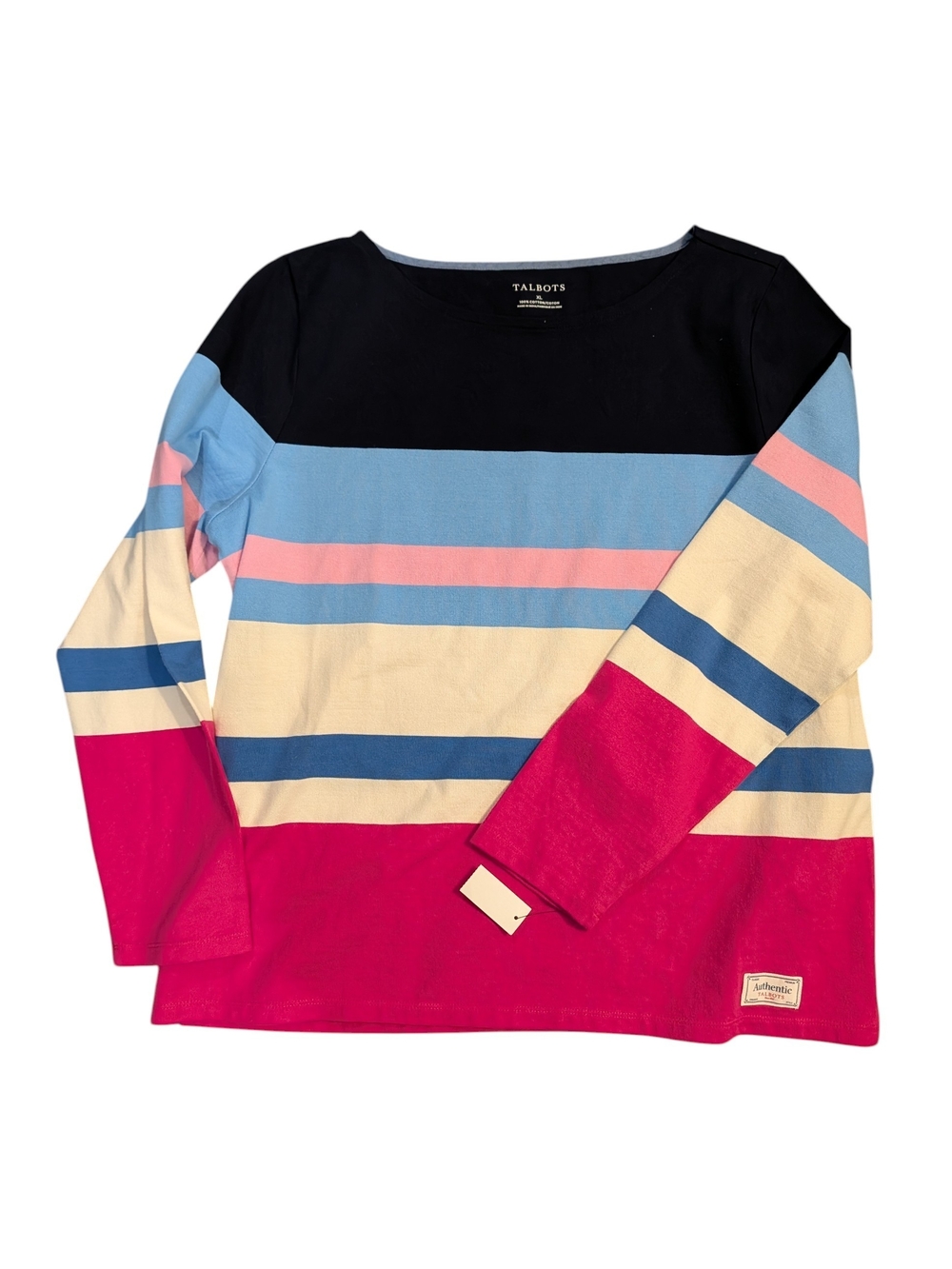 Talbots Authentic Tee XL NWT Multicolor Stripe 100% Cotton Boat Neck Top Coastal